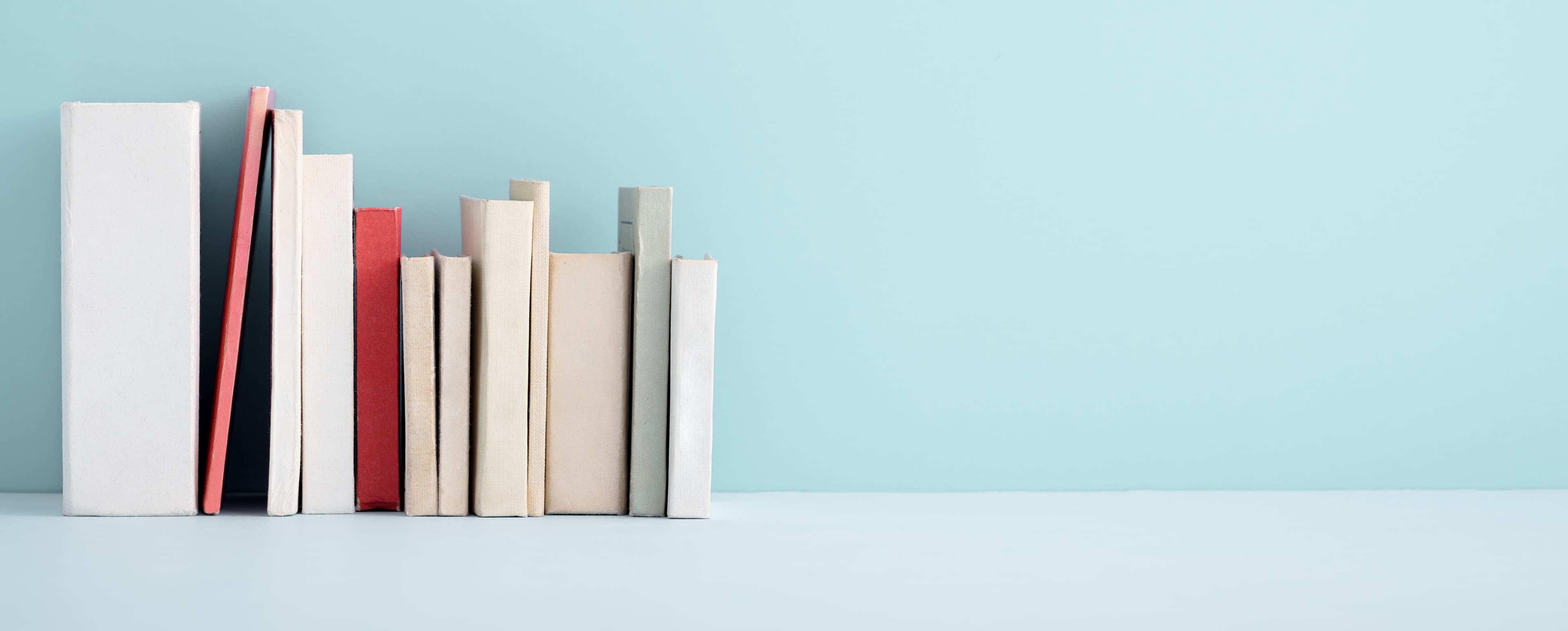 Books on shelf with light blue wall.